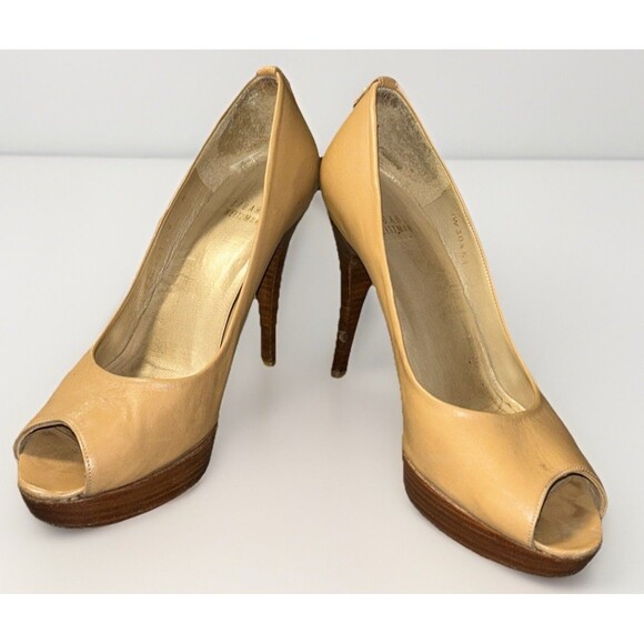 Stuart Weitzman Peep Toe Leather Platform Pumps Heels Tan Wood Size 8 - Picture 1 of 10